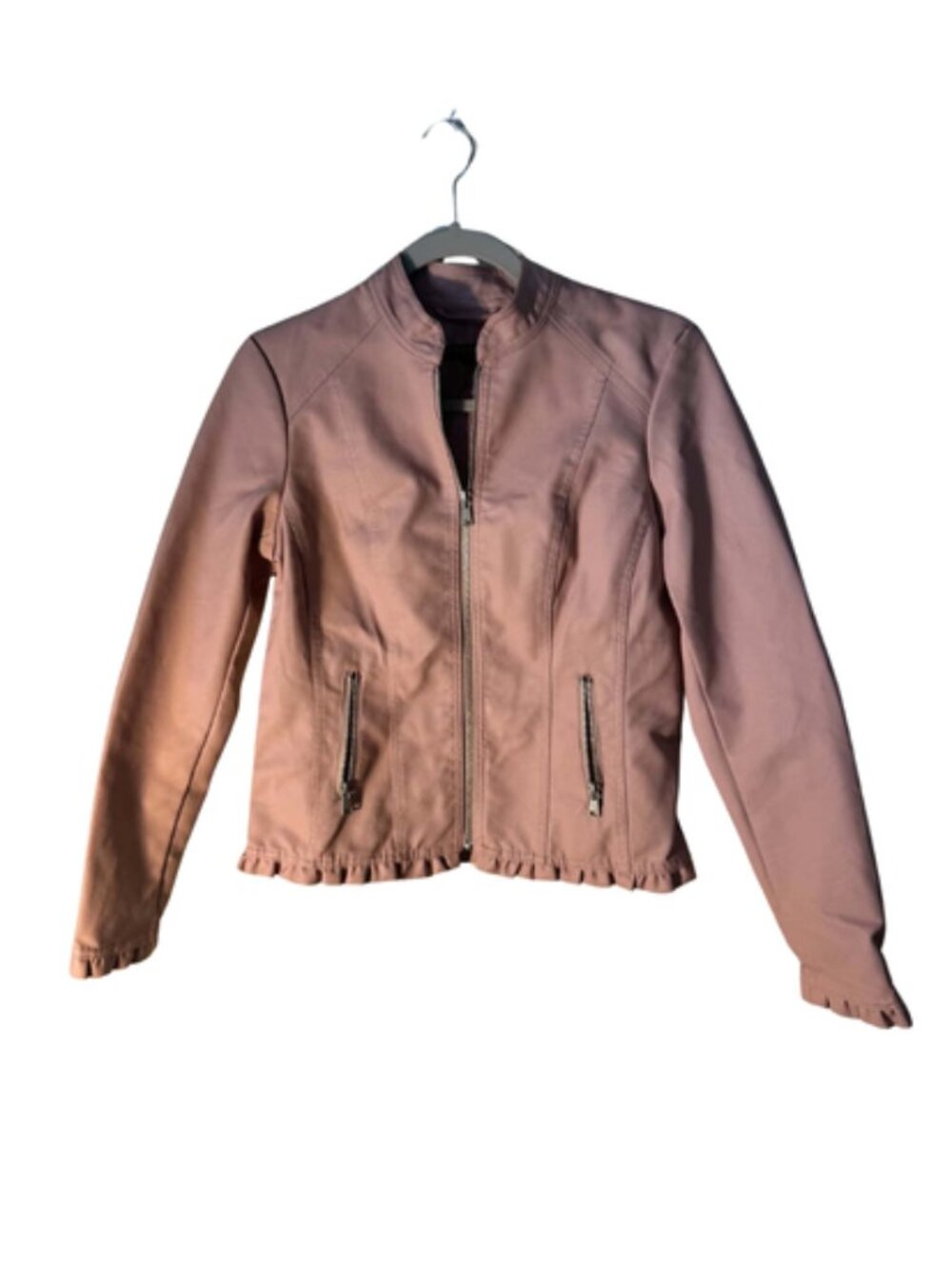 Baccini Faux Leather Pink Ruffle Hem Moto Jacket - Women's Size PS - EUC